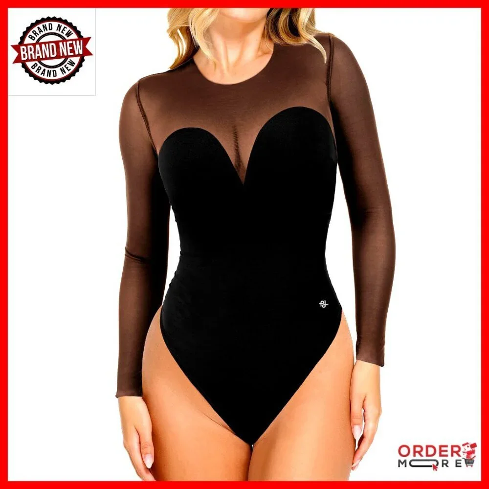 Long Sleeve Mesh Bodysuit Tummy Control Shapewear Corset Sheer Going Out Top